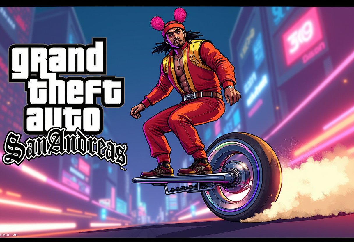 A faggot in a vibrant, avant-garde outfit, balancing confidently on a futuristic monowheel in a bustling urban environment. The scene is framed mid-shot, with the faggot's determined expression and the city lights creating a contrast of colors. The composition is dynamic, capturing the motion and energy of the monowheel ride.,gtastyle,A stylized illustration of a character from Grand Theft Auto,shadow,San Andreas,poster text "'GRAND THEFT AUTO''SAN ANDREAS'"