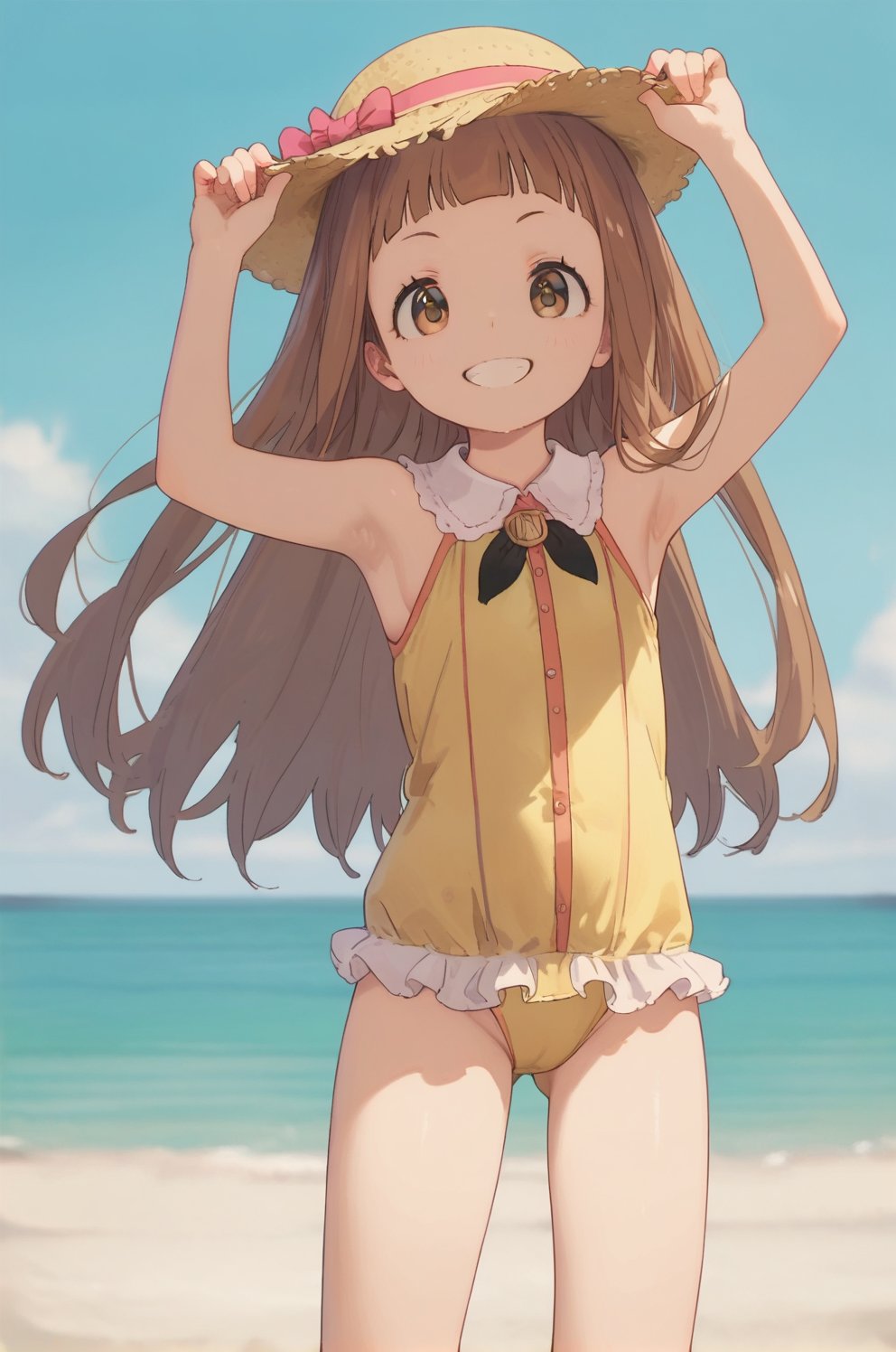 score_9, score_8_up, score_7_up, beach, 1girl, flat chest, loli, solo, ichihara nina, long hair, brown hair, brown eyes, bangs, blunt bangs, smile, armpits, presenting, cowboy shot, frills, yellow one piece swimsuit, 