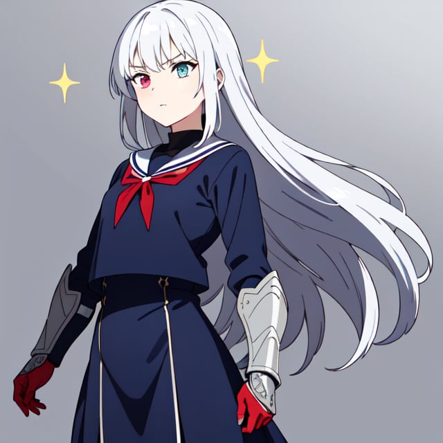 A majestic 12-year-old girl stands majestically in a square. Her striking blue and red heterochromatic eyes sparkle like precious jewels while her long silver hair. She wears a sailor-style uniform adorned with intricate armor against a background of medieval England.