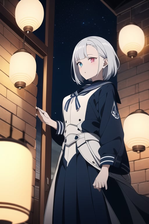 A mystical girl stands amidst the medieval city's night, her heterochromic eyes shining like stars under the soft glow of lanterns. Her silver locks are piled high on her head, framing her porcelain complexion. She wears a sailor-style uniform with precision, its white and navy hues a striking contrast to the dark, gothic armor that forms the backdrop. The city's stone walls and towers rise behind her, as if she is a beacon of magic in this mystical realm.