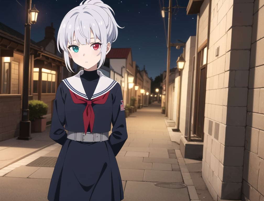 Twelve-year-old girl, fair skin with heterochromia in her blue and red eyes with beautiful long silver-colored hair, she regularly wears her hair up. Her clothing is a sailor-style uniform and she also wears light gothic-style armor as a background in a medieval-style city at night.