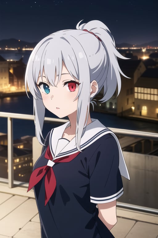 Twelve-year-old girl, fair skin with heterochromia in her blue and red eyes with beautiful long silver-colored hair, she regularly wears her hair up. Her clothing is a sailor-style uniform and she also wears gothic armor as a background in a medieval-style city at night.