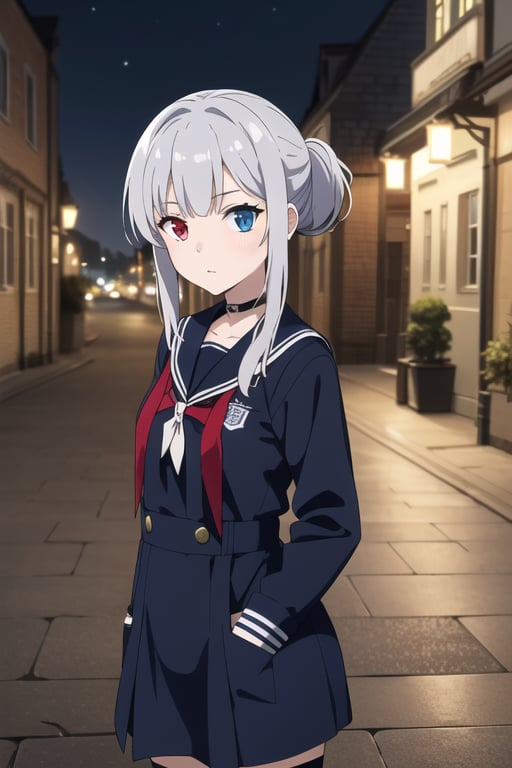 Twelve-year-old girl, fair skin with heterochromia in her blue and red eyes with beautiful long silver-colored hair, she regularly wears her hair up. Her clothing is a sailor-style uniform and she also wears gothic armor as a background in a medieval-style city at night.