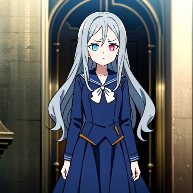 Prompt: A majestic 12-year-old girl stands in a plaza. Her striking blue and red heterochromatic eyes make me fall in love with her and her long wavy silver hair make me fall in love with her even more. Her sailor-style battle uniform adorned with intricate gothic armor makes me want her by my side.