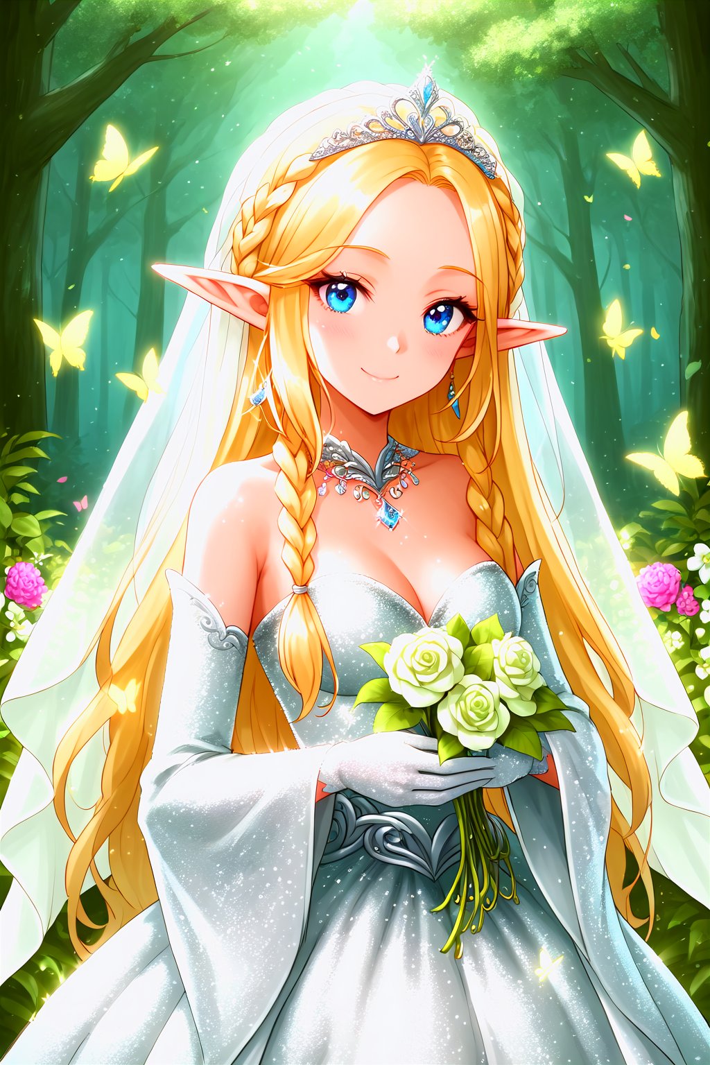 1girl, solo, blonde hair, blue eyes, 20 years old, elf, pointy ears, long hair, braids, forehead jewelry, tiara, green wedding dress, green dress, wide sleeves, green bridal veil, wedding, gloves, silk gloves, forest, butterflies, smile, looking at viewer, flowers, day, sunny day,glitter,shiny