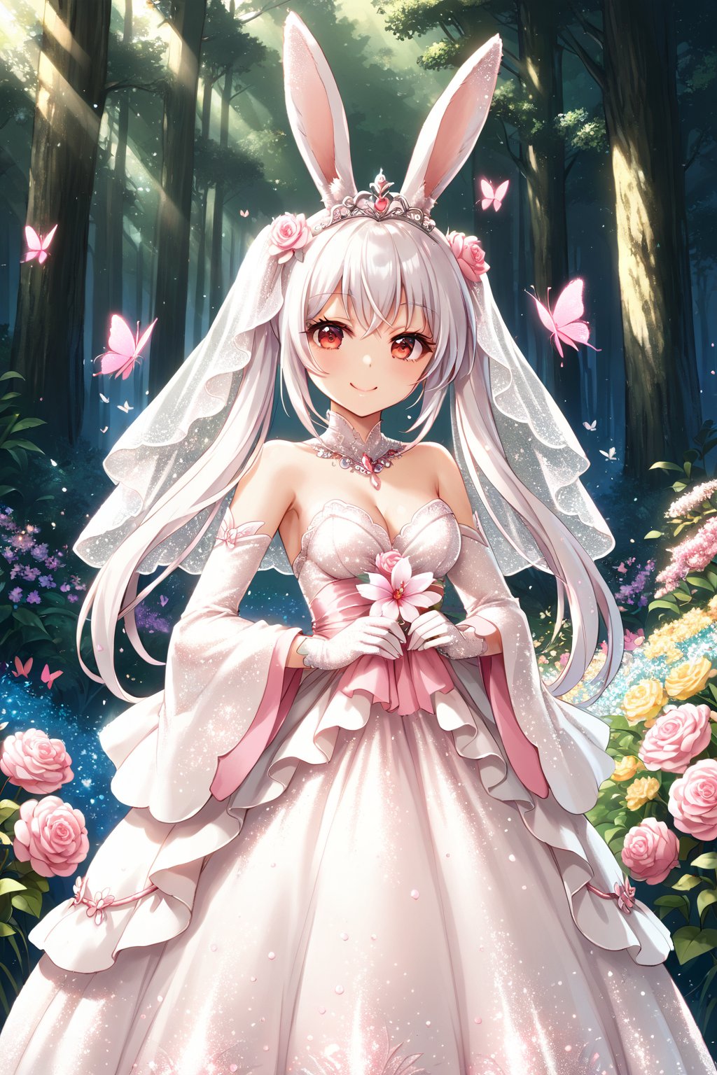 1girl, solo, cowboy shot, white hair, red eyes, 18 years old, rabbit girl, rabbit ears, long hair, twintails, jewelry, tiara, pink wedding dress, pink dress, wide sleeves, pink bridal veil, wedding, gloves, silk gloves, forest, butterflies, smile, looking at viewer, flowers, day, sunny day,glitter,shiny,source_anime