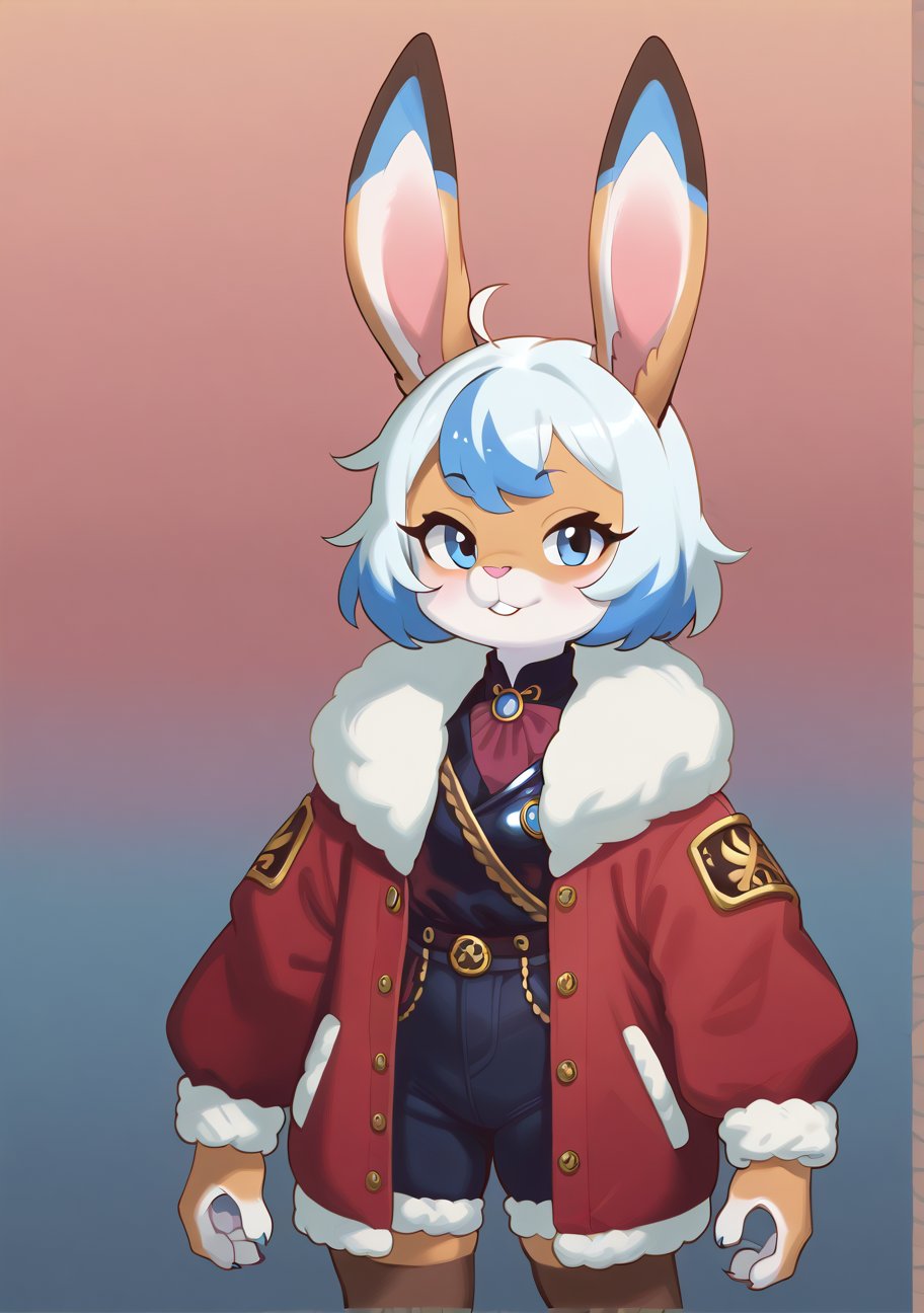 a rabbit in a red jacket standing , with a light shining on the ground, Fan Qi, official art, a character portrait, furry art