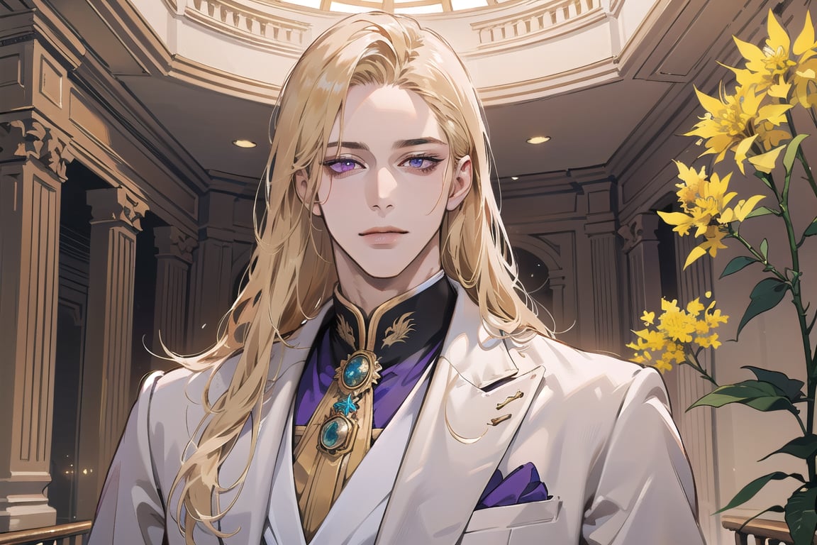 Nitrey, 1 man, ((mature)), ((solo focus)), ((Goldenrod hair)), ((long straight hair)), purple eyes, smirk, ((Medium score)), (((half-down:1.5))), To reveal the forehead, handsome, angular jaw, thick neck, white ((prince suit)), by Raphael, masterpiece, upper body shot, magnificent indoor hall