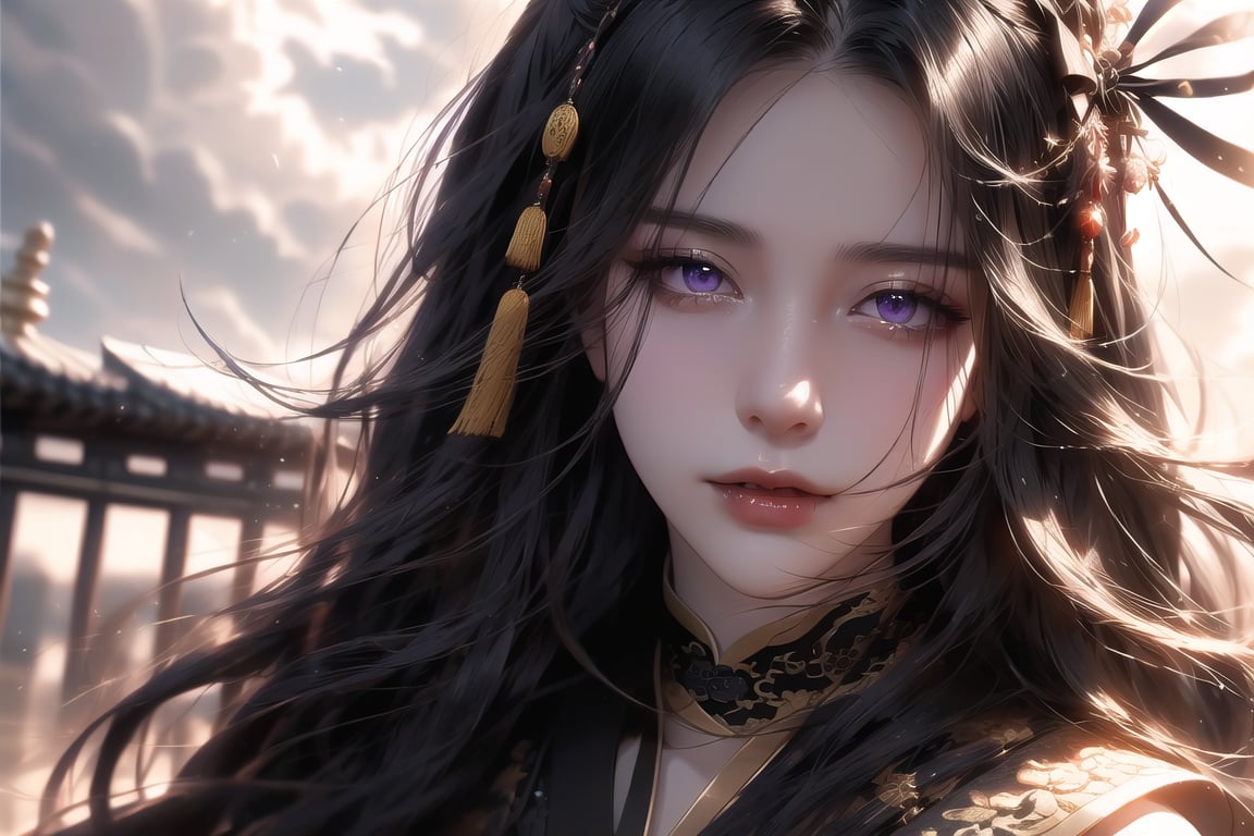 (cowboy shot), dynamic action style, (1woman), (female:1.2), mature face, (mature girl:1.2), sinister smirk, (Chinese hanfu with black and gold accents), finely detailed eyes and face, slim figure, (long black straight hair:1.2), (purple eyes:1.1), (focus on character:1.1), ((solo)), detailed face, detailed eyes, Chinese epic style, clear subject, ultra realistic, ultra detailed, OC rendering, blender, high detail, ultra high quality, dark and ominous atmosphere, dark clouds swirling, subtle mist