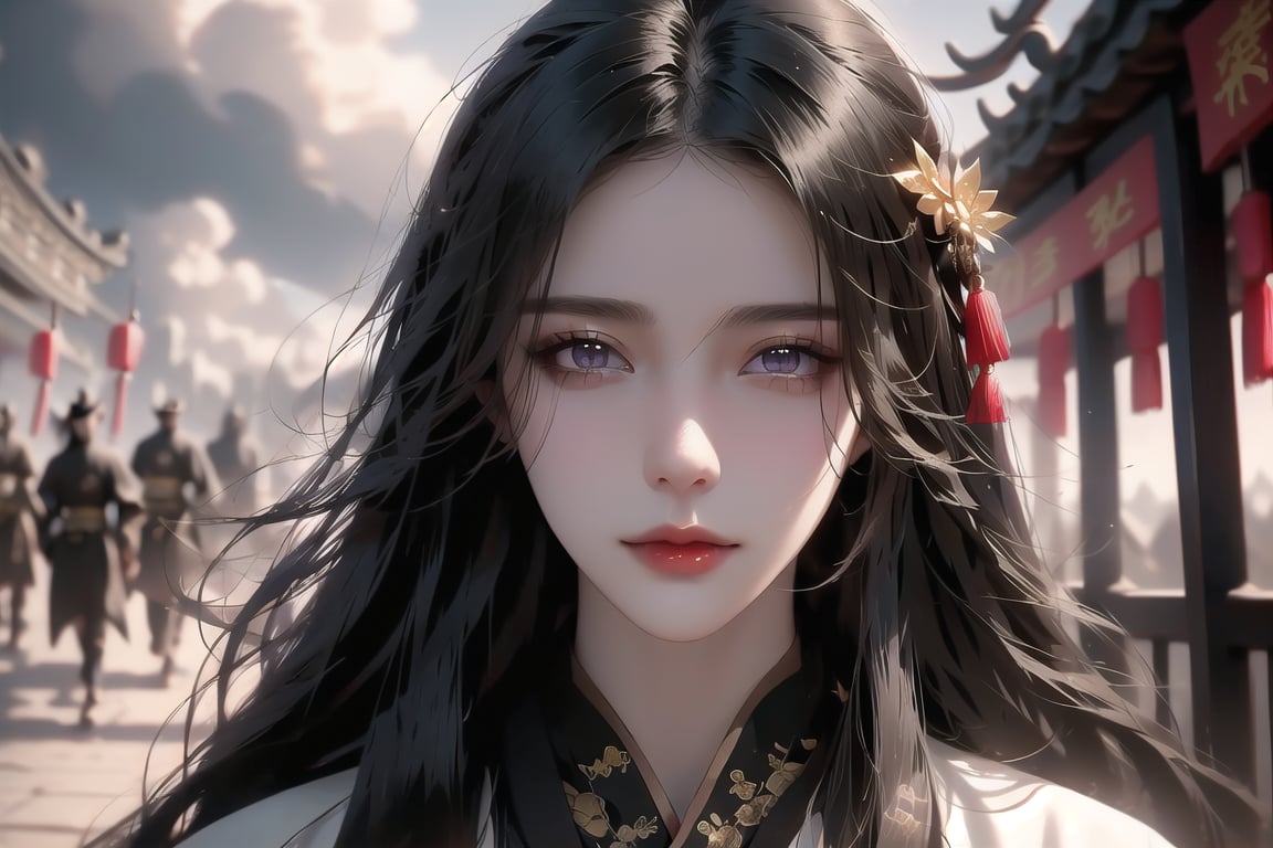 (cowboy shot), dynamic action style, (1woman), (female:1.2), mature face, (mature girl:1.2), sinister smirk, (Chinese hanfu with black and gold accents), finely detailed eyes and face, slim figure, (long black straight hair:1.2), (purple eyes:1.1), (focus on character:1.1), ((solo)), detailed face, detailed eyes, Chinese epic style, clear subject, ultra realistic, ultra detailed, OC rendering, blender, high detail, ultra high quality, dark and ominous atmosphere, dark clouds swirling, subtle mist