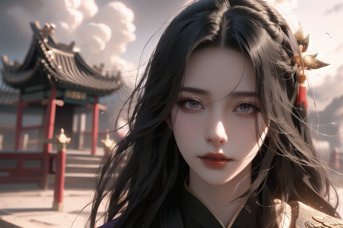 (cowboy shot), dynamic action style, (1woman), (female:1.2), mature face, (mature girl:1.2), sinister smirk, (Chinese hanfu with black and gold accents), finely detailed eyes and face, slim figure, (long black straight hair:1.2), (purple eyes:1.1), (focus on character:1.1), ((solo)), detailed face, detailed eyes, Chinese epic style, clear subject, ultra realistic, ultra detailed, OC rendering, blender, high detail, ultra high quality, dark and ominous atmosphere, dark clouds swirling, subtle mist