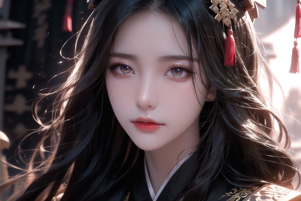 (cowboy shot), dynamic action style, (1woman), (female:1.2), mature face, (mature girl:1.2), sinister smirk, (Chinese hanfu with black and gold accents), finely detailed eyes and face, slim figure, (long black straight hair:1.2), (purple eyes:1.1), (focus on character:1.1), ((solo)), detailed face, detailed eyes, Chinese epic style, clear subject, ultra realistic, ultra detailed, OC rendering, blender, high detail, ultra high quality, dark and ominous atmosphere, dark clouds swirling, subtle mist