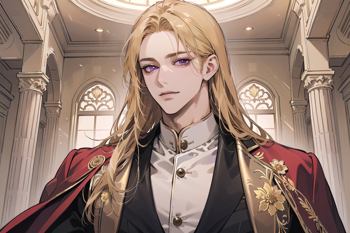 Nitrey, 1 man, ((mature)), ((solo focus)), ((Goldenrod hair)), ((long straight hair)), purple eyes, smirk, ((Medium score)), (((half-down:1.5))), To reveal the forehead, handsome, angular jaw, thick neck, red ((prince suit)), by Raphael, masterpiece, upper body shot, magnificent indoor hall