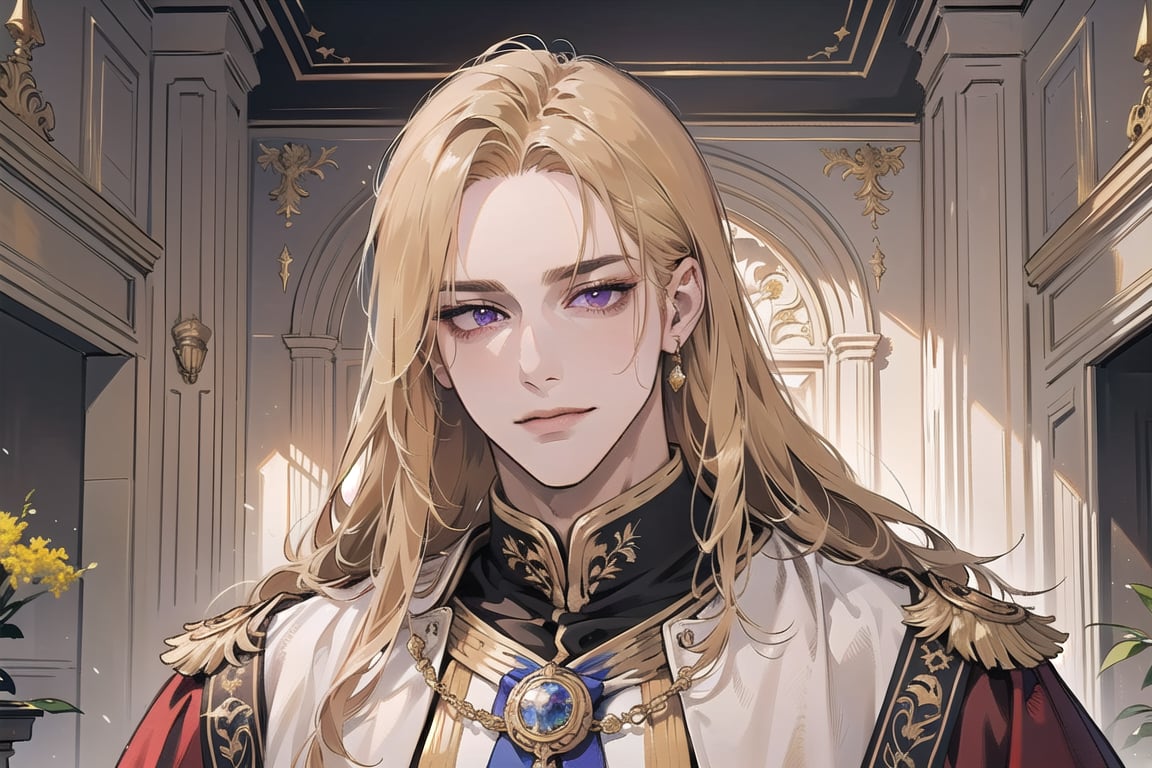 Nitrey, 1 man, ((mature)), ((solo focus)), ((Goldenrod hair)), ((long straight hair)), purple eyes, smirk, ((Medium score)), (((half-down:1.5))), To reveal the forehead, handsome, angular jaw, thick neck, red (( Court Dress)), Cloak, Sash and Medals, royal, prince, by Raphael, masterpiece, upper body shot, magnificent indoor hall