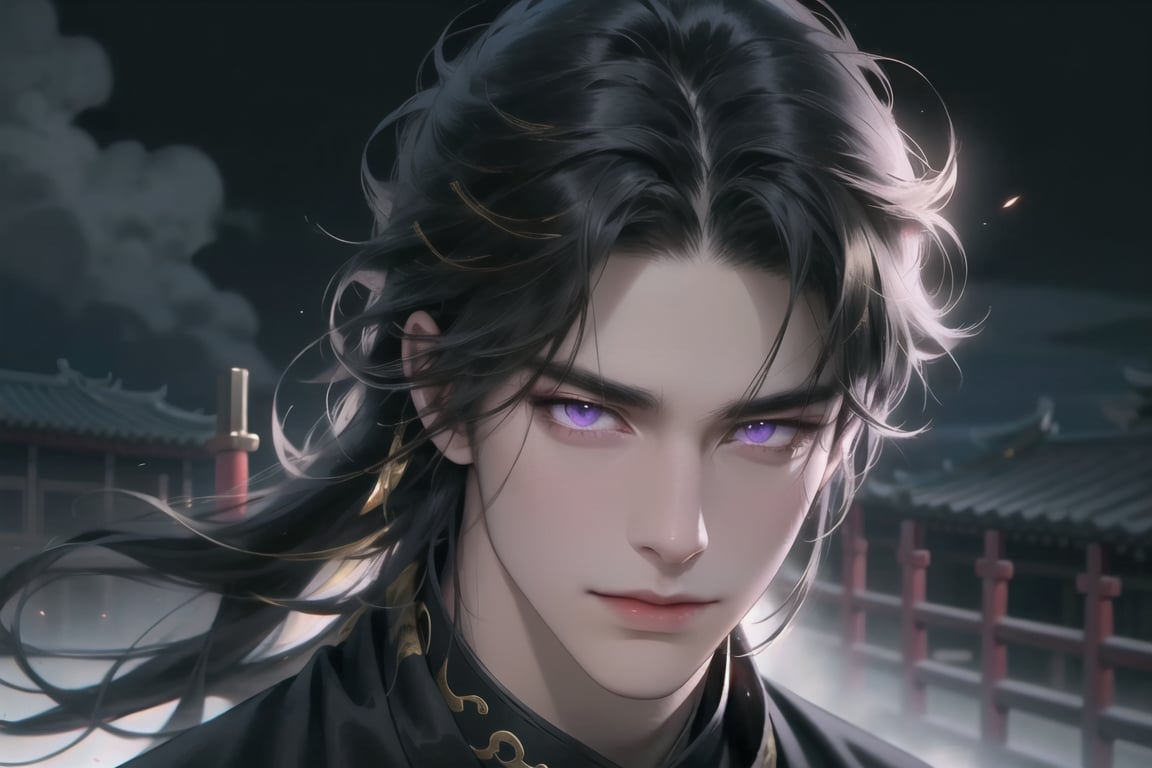 upper body, (cowboy shot), dynamic action style, (1man), (male:1.2), mature face, (mature boy:1.2), sinister smirk, (Chinese hanfu with black and gold accents), finely detailed eyes and face, (long black hair:1.2), (dark purple eyes:1.1), (focus on character:1.1), ((solo)), detailed face, detailed eyes, Chinese epic style, clear subject, ultra realistic, ultra detailed, OC rendering, blender, high detail, ultra high quality, dark and ominous atmosphere, dark clouds swirling, subtle mist