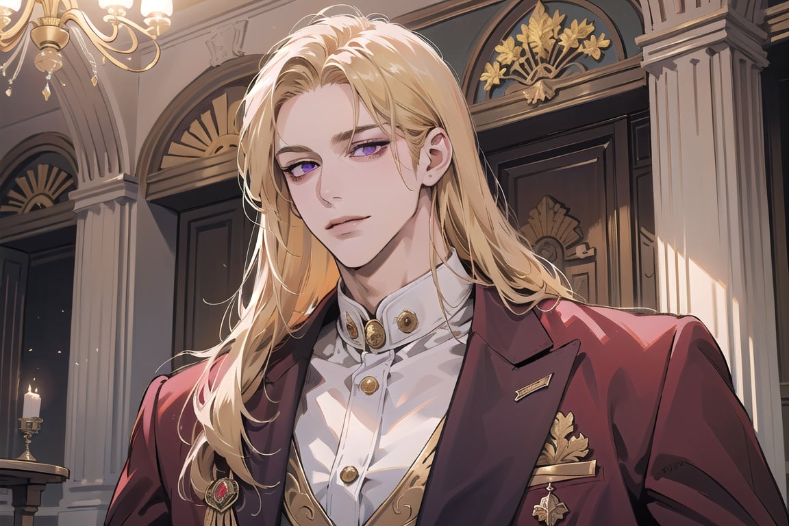 Nitrey, 1 man, ((mature)), ((solo focus)), ((Goldenrod hair)), ((long straight hair)), purple eyes, smirk, ((Medium score)), (((half-down:1.5))), To reveal the forehead, handsome, angular jaw, thick neck, red ((prince suit)), by Raphael, masterpiece, upper body shot, magnificent indoor hall