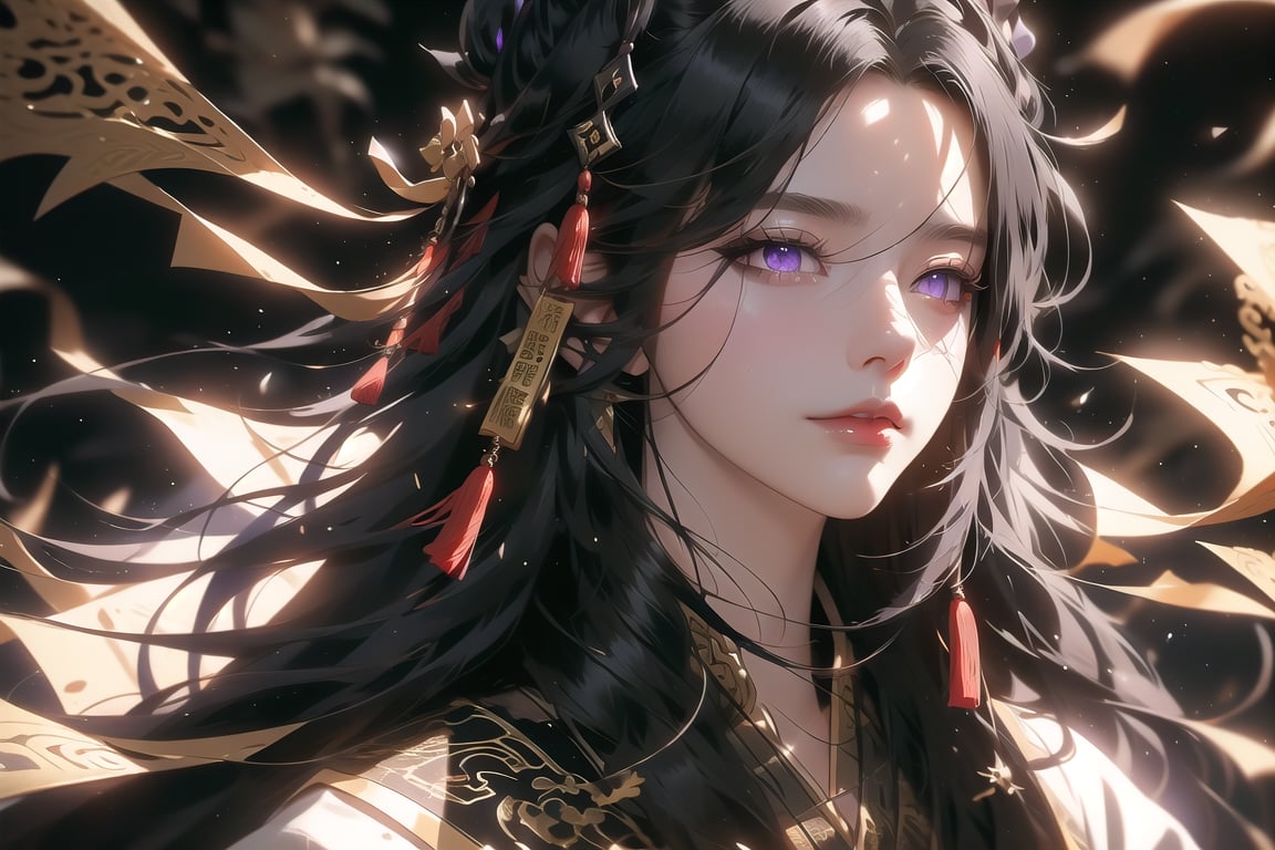 (cowboy shot), dynamic action style, (1woman), (female:1.2), mature face, (mature girl:1.2), sinister smirk, (Chinese hanfu with black and gold accents), finely detailed eyes and face, slim figure, (long black straight hair:1.2), (purple eyes:1.1), (focus on character:1.1), ((solo)), detailed face, detailed eyes, Chinese epic style, clear subject, ultra realistic, ultra detailed, OC rendering, blender, high detail, ultra high quality, dark and ominous atmosphere, dark clouds swirling, subtle mist