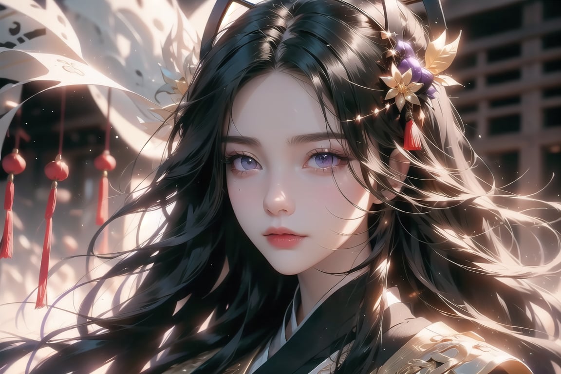 (cowboy shot), dynamic action style, (1woman), (female:1.2), mature face, (mature girl:1.2), sinister smirk, (Chinese hanfu with black and gold accents), finely detailed eyes and face, slim figure, (long black straight hair:1.2), (purple eyes:1.1), (focus on character:1.1), ((solo)), detailed face, detailed eyes, Chinese epic style, clear subject, ultra realistic, ultra detailed, OC rendering, blender, high detail, ultra high quality, dark and ominous atmosphere, dark clouds swirling, subtle mist