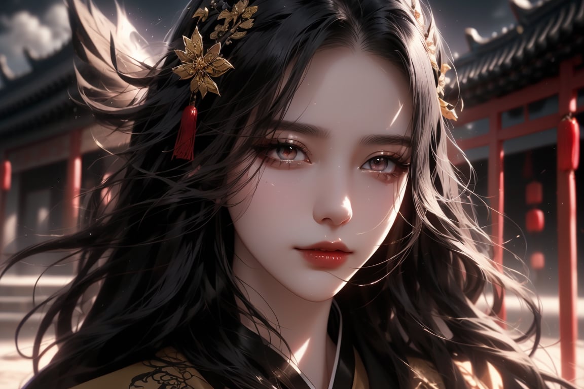 (cowboy shot), dynamic action style, (1woman), (female:1.2), mature face, (mature girl:1.2), sinister smirk, (Chinese hanfu with black and gold accents), finely detailed eyes and face, slim figure, (long black straight hair:1.2), (purple eyes:1.1), (focus on character:1.1), ((solo)), detailed face, detailed eyes, Chinese epic style, clear subject, ultra realistic, ultra detailed, OC rendering, blender, high detail, ultra high quality, dark and ominous atmosphere, dark clouds swirling, subtle mist
