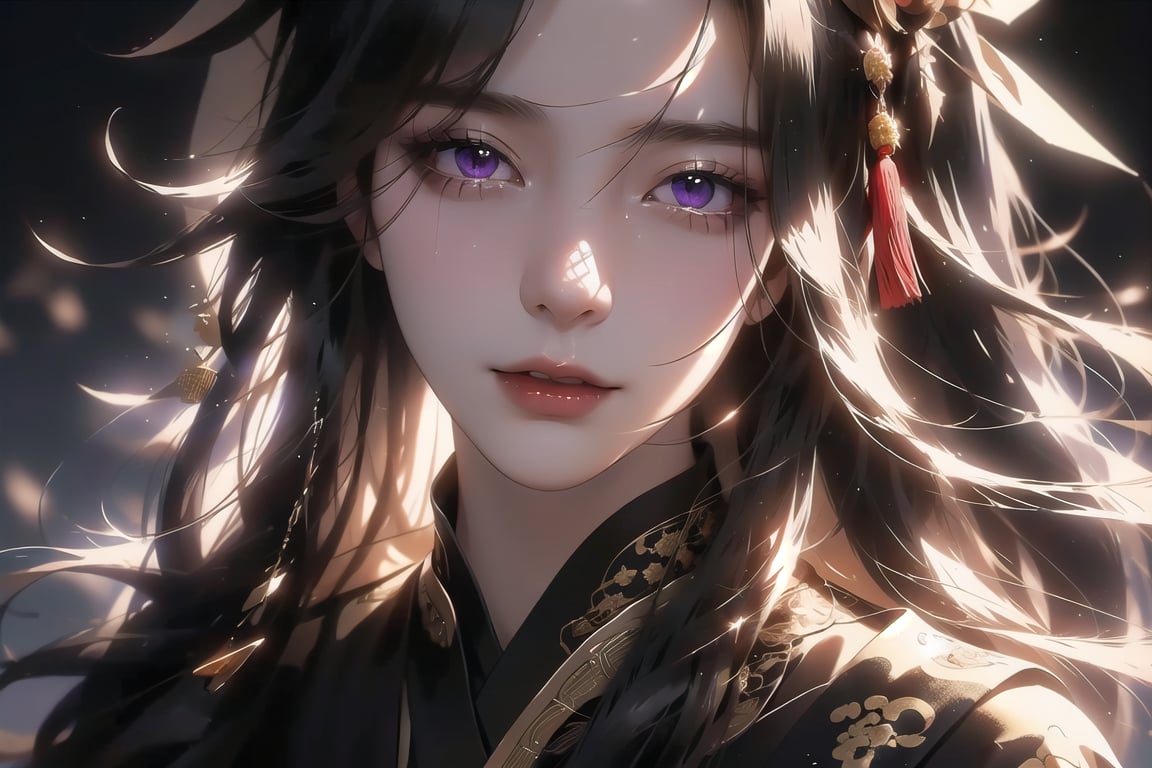 (cowboy shot), dynamic action style, (1woman), (female:1.2), mature face, (mature girl:1.2), sinister smirk, (Chinese hanfu with black and gold accents), finely detailed eyes and face, slim figure, (long black straight hair:1.2), (purple eyes:1.1), (focus on character:1.1), ((solo)), detailed face, detailed eyes, Chinese epic style, clear subject, ultra realistic, ultra detailed, OC rendering, blender, high detail, ultra high quality, dark and ominous atmosphere, dark clouds swirling, subtle mist