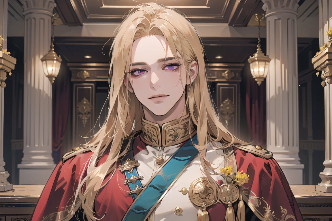 Nitrey, 1 man, ((mature)), ((solo focus)), ((Goldenrod hair)), ((long straight hair)), purple eyes, smirk, ((Medium score)), (((half-down:1.5))), To reveal the forehead, handsome, angular jaw, thick neck, red (( Court Dress)), Cloak, Sash and Medals, royal, prince, by Raphael, masterpiece, upper body shot, magnificent indoor hall