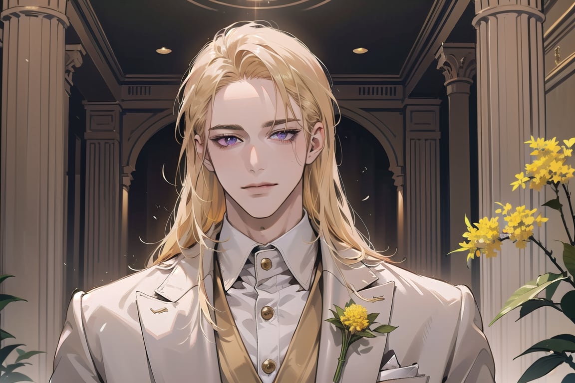 Nitrey, 1 man, ((mature)), ((solo focus)), ((Goldenrod hair)), ((long straight hair)), purple eyes, smirk, ((Medium score)), (((half-down:1.5))), To reveal the forehead, handsome, angular jaw, thick neck, white ((prince groom suit)), by Raphael, masterpiece, upper body shot, magnificent indoor hall