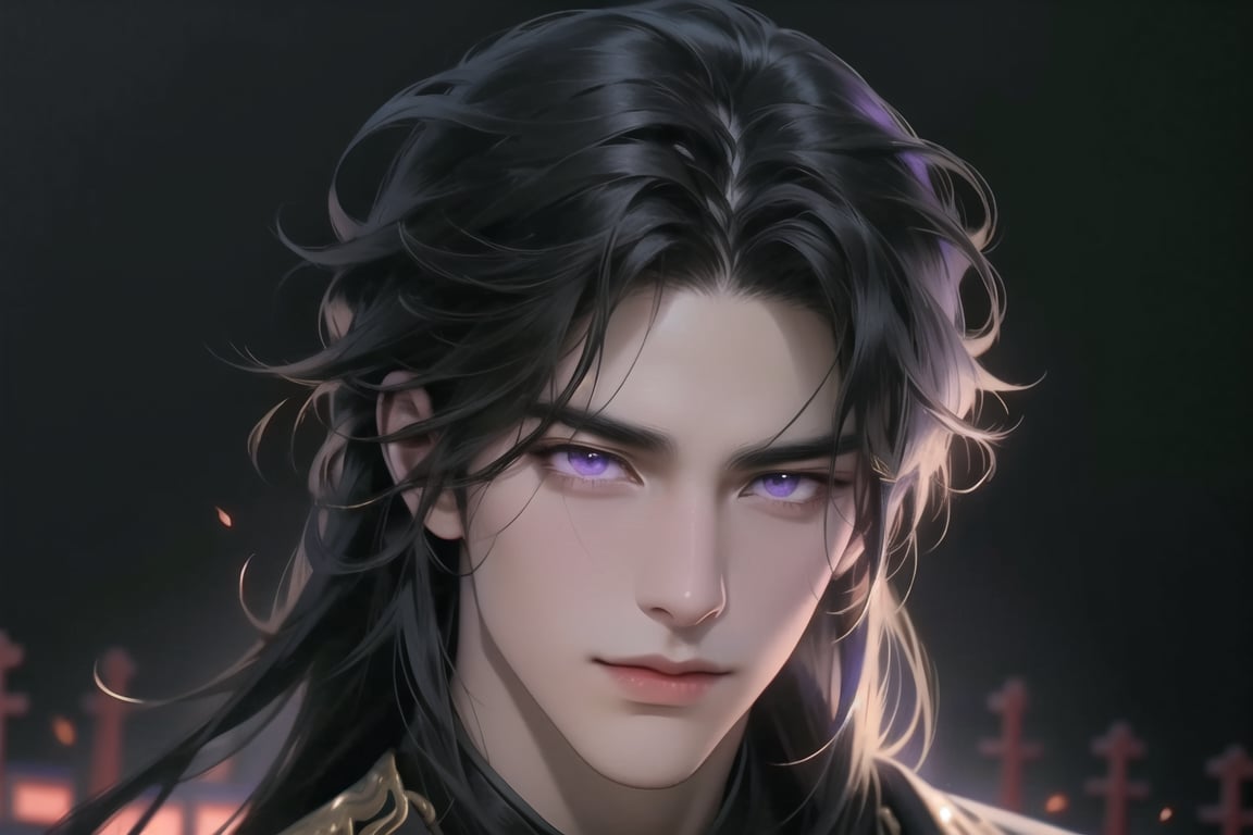 (cowboy shot), dynamic action style, (1man), (male:1.2), mature face, (mature boy:1.2), sinister smirk, (Chinese hanfu with black and gold accents), finely detailed eyes and face, (long black straight hair:1.2), (purple eyes:1.1), (focus on character:1.1), ((solo)), detailed face, detailed eyes, Chinese epic style, clear subject, ultra realistic, ultra detailed, OC rendering, blender, high detail, ultra high quality, dark and ominous atmosphere, dark clouds swirling, subtle mist