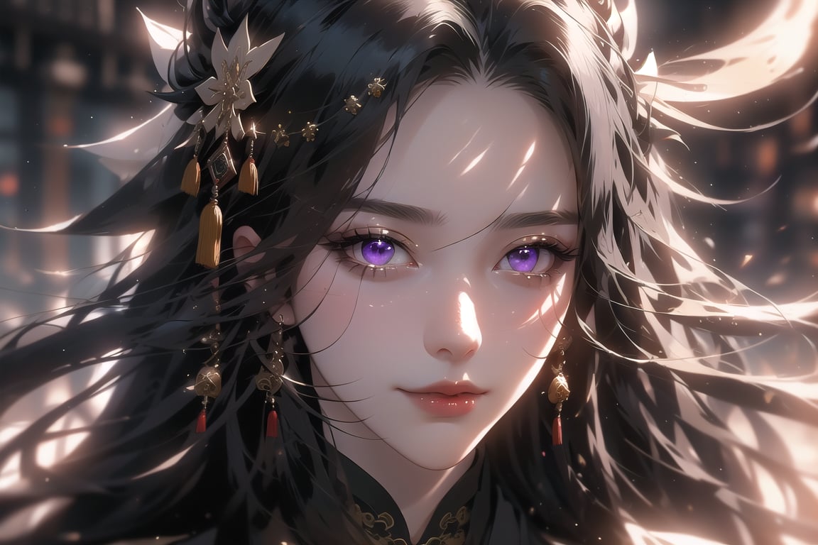 (cowboy shot), dynamic action style, (1woman), (female:1.2), mature face, (mature girl:1.2), sinister smirk, (Chinese hanfu with black and gold accents), finely detailed eyes and face, slim figure, (long black straight hair:1.2), (purple eyes:1.1), (focus on character:1.1), ((solo)), detailed face, detailed eyes, Chinese epic style, clear subject, ultra realistic, ultra detailed, OC rendering, blender, high detail, ultra high quality, dark and ominous atmosphere, dark clouds swirling, subtle mist