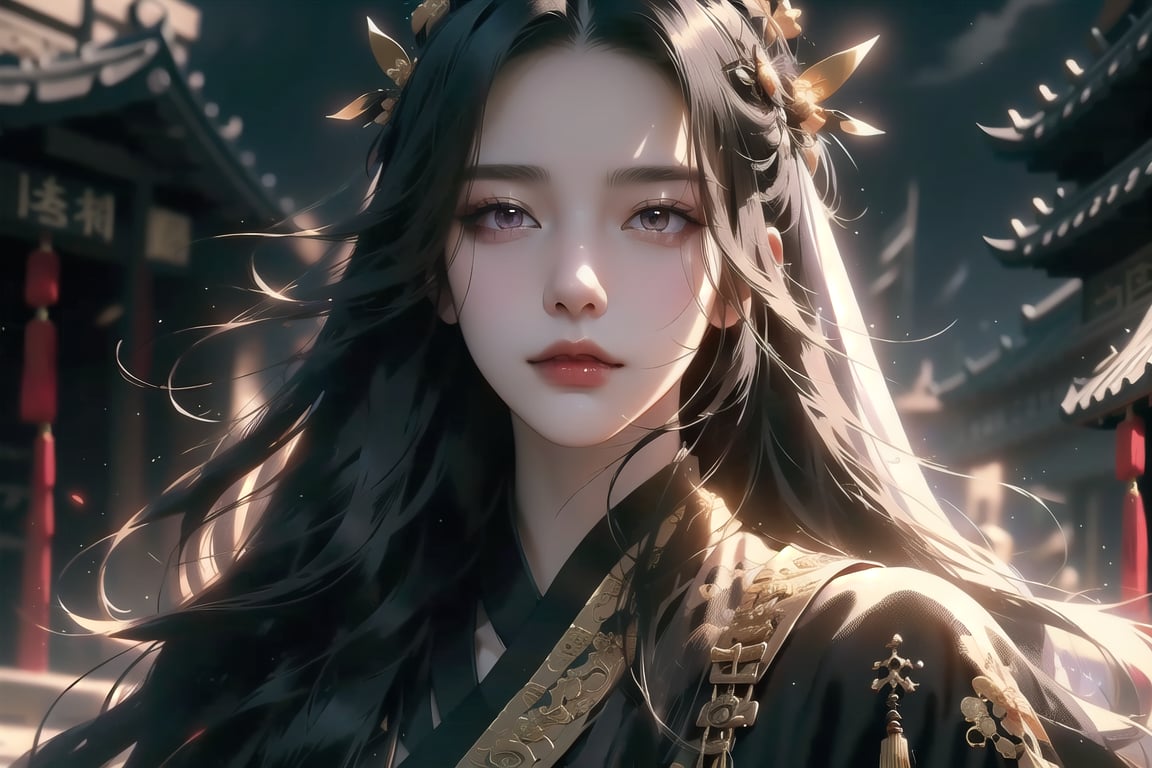 (cowboy shot), dynamic action style, (1woman), (female:1.2), mature face, (mature girl:1.2), sinister smirk, (Chinese hanfu with black and gold accents), finely detailed eyes and face, slim figure, (long black straight hair:1.2), (purple eyes:1.1), (focus on character:1.1), ((solo)), detailed face, detailed eyes, Chinese epic style, clear subject, ultra realistic, ultra detailed, OC rendering, blender, high detail, ultra high quality, dark and ominous atmosphere, dark clouds swirling, subtle mist