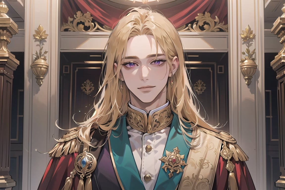 Nitrey, 1 man, ((mature)), ((solo focus)), ((Goldenrod hair)), ((long straight hair)), purple eyes, smirk, ((Medium score)), (((half-down:1.5))), To reveal the forehead, handsome, angular jaw, thick neck, red (( Court Dress)), Cloak, Sash and Medals, royal, prince, by Raphael, masterpiece, upper body shot, magnificent indoor hall