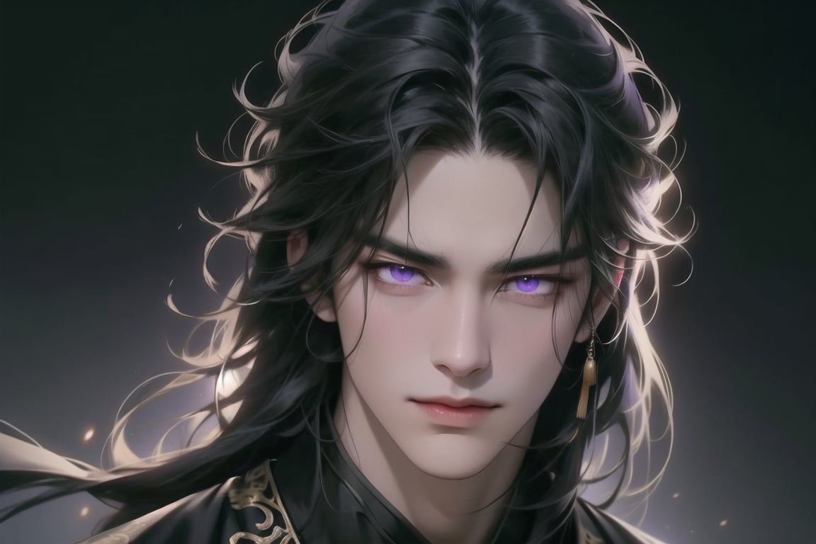 upper body, (cowboy shot), dynamic action style, (1man), (male:1.2), mature face, (mature boy:1.2), sinister smirk, (Chinese hanfu with black and gold accents), finely detailed eyes and face, (long black hair:1.2), (purple eyes:1.1), (focus on character:1.1), ((solo)), detailed face, detailed eyes, Chinese epic style, clear subject, ultra realistic, ultra detailed, OC rendering, blender, high detail, ultra high quality, dark and ominous atmosphere, dark clouds swirling, subtle mist