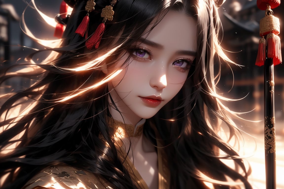 (cowboy shot), dynamic action style, (1woman), (female:1.2), mature face, (mature girl:1.2), sinister smirk, (Chinese hanfu with black and gold accents), finely detailed eyes and face, slim figure, (long black straight hair:1.2) flowing, (purple eyes:1.1), (focus on character:1.1), ((solo)), detailed face, detailed eyes, Chinese epic style, clear subject, ultra realistic, ultra detailed, OC rendering, blender, high detail, ultra high quality, dark and ominous atmosphere, dark clouds swirling, subtle mist
