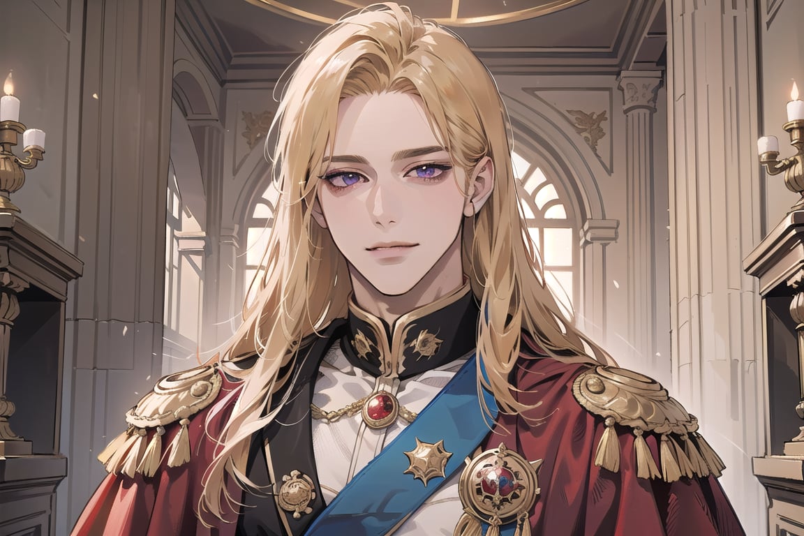 Nitrey, 1 man, ((mature)), ((solo focus)), ((Goldenrod hair)), ((long straight hair)), purple eyes, smirk, ((Medium score)), (((half-down:1.5))), To reveal the forehead, handsome, angular jaw, thick neck, red (( Court Dress)), Cloak, Sash and Medals, royal, prince, by Raphael, masterpiece, upper body shot, magnificent indoor hall