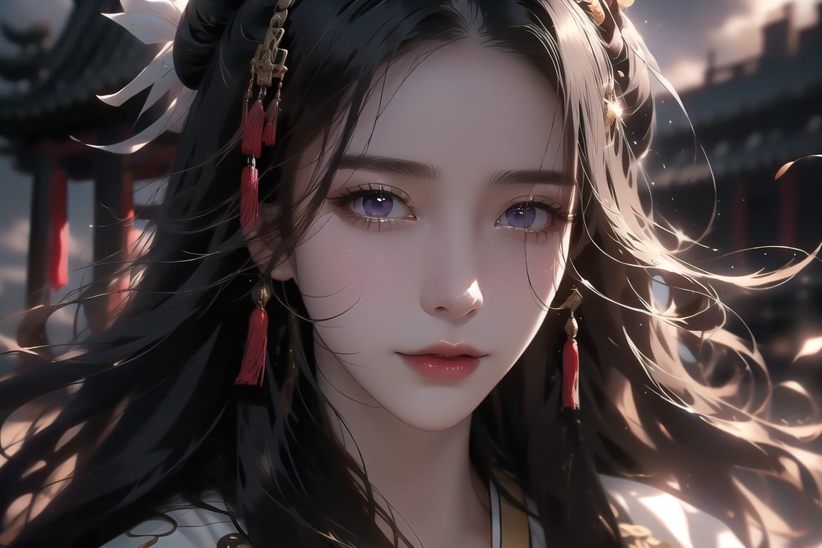 (cowboy shot), dynamic action style, (1woman), (female:1.2), mature face, (mature girl:1.2), sinister smirk, (Chinese hanfu with black and gold accents), finely detailed eyes and face, slim figure, (long black straight hair:1.2), (purple eyes:1.1), (focus on character:1.1), ((solo)), detailed face, detailed eyes, Chinese epic style, clear subject, ultra realistic, ultra detailed, OC rendering, blender, high detail, ultra high quality, dark and ominous atmosphere, dark clouds swirling, subtle mist