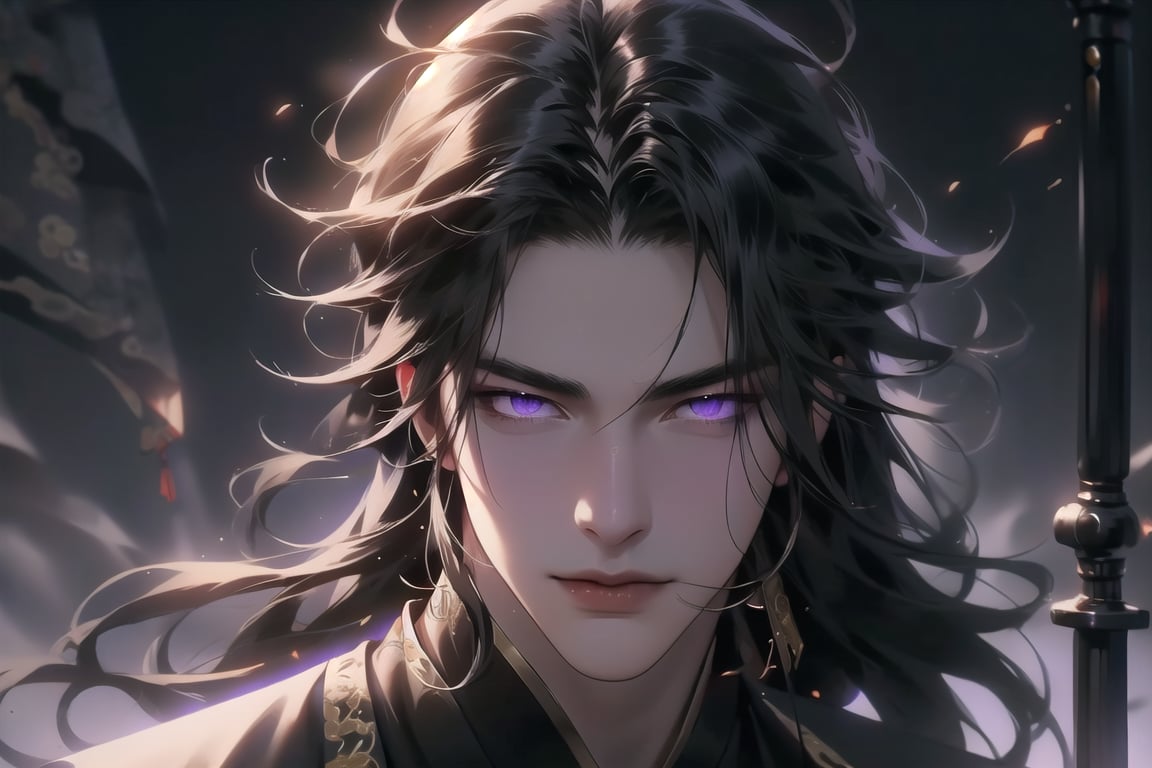 (cowboy shot), dynamic action style, (1man), (male:1.2), mature face, (mature boy:1.2), sinister smirk, (Chinese hanfu with black and gold accents), finely detailed eyes and face, (long black straight hair:1.2), (purple eyes:1.1), (focus on character:1.1), ((solo)), detailed face, detailed eyes, Chinese epic style, clear subject, ultra realistic, ultra detailed, OC rendering, blender, high detail, ultra high quality, dark and ominous atmosphere, dark clouds swirling, subtle mist