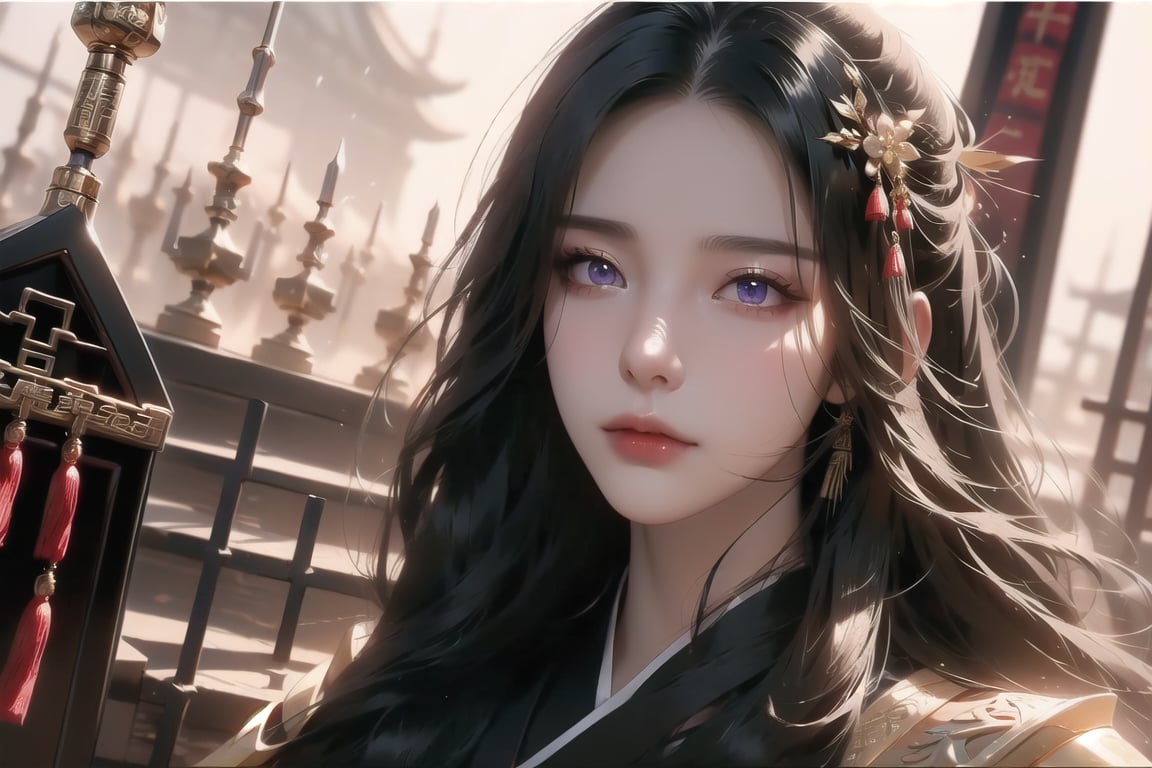 (cowboy shot), dynamic action style, (1woman), (female:1.2), mature face, (mature girl:1.2), sinister smirk, (Chinese hanfu with black and gold accents), finely detailed eyes and face, slim figure, (long black straight hair:1.2), (purple eyes:1.1), (focus on character:1.1), ((solo)), detailed face, detailed eyes, Chinese epic style, clear subject, ultra realistic, ultra detailed, OC rendering, blender, high detail, ultra high quality, dark and ominous atmosphere, dark clouds swirling, subtle mist