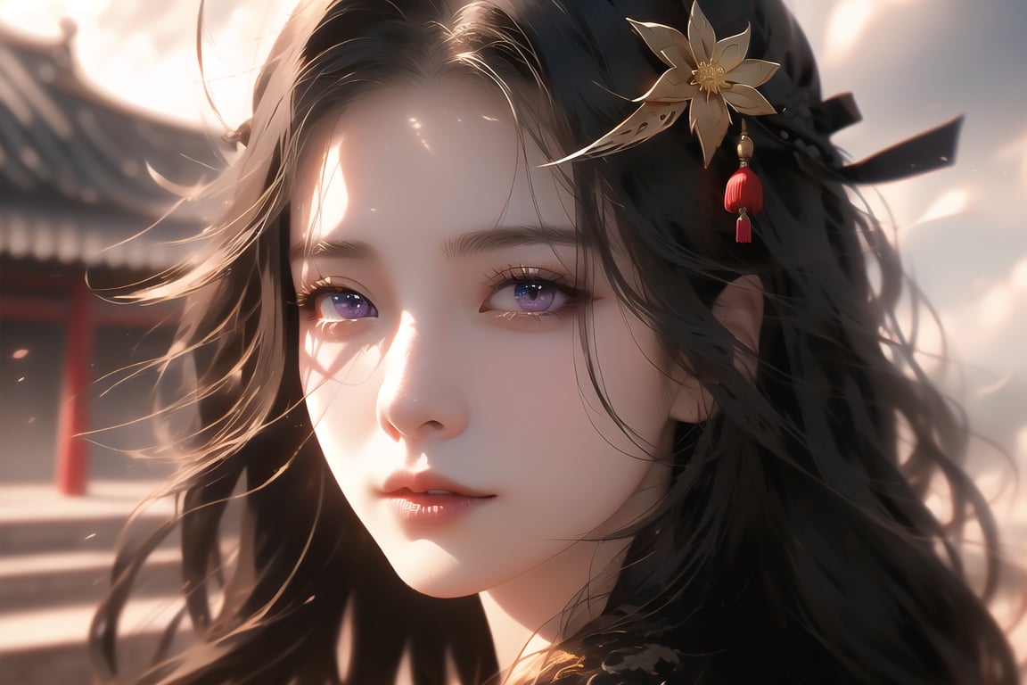 (cowboy shot), dynamic action style, (1woman), (female:1.2), mature face, (mature girl:1.2), sinister smirk, (Chinese hanfu with black and gold accents), finely detailed eyes and face, slim figure, (long black straight hair:1.2), (purple eyes:1.1), (focus on character:1.1), ((solo)), detailed face, detailed eyes, Chinese epic style, clear subject, ultra realistic, ultra detailed, OC rendering, blender, high detail, ultra high quality, dark and ominous atmosphere, dark clouds swirling, subtle mist