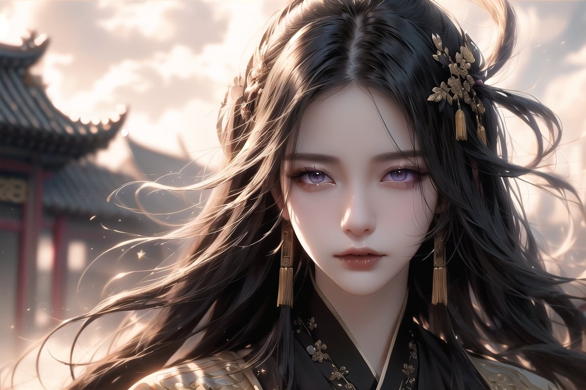 (cowboy shot), dynamic action style, (1woman), (female:1.2), mature face, (mature girl:1.2), sinister smirk, (Chinese hanfu with black and gold accents), finely detailed eyes and face, slim figure, (long black straight hair:1.2), (purple eyes:1.1), (focus on character:1.1), ((solo)), detailed face, detailed eyes, Chinese epic style, clear subject, ultra realistic, ultra detailed, OC rendering, blender, high detail, ultra high quality, dark and ominous atmosphere, dark clouds swirling, subtle mist