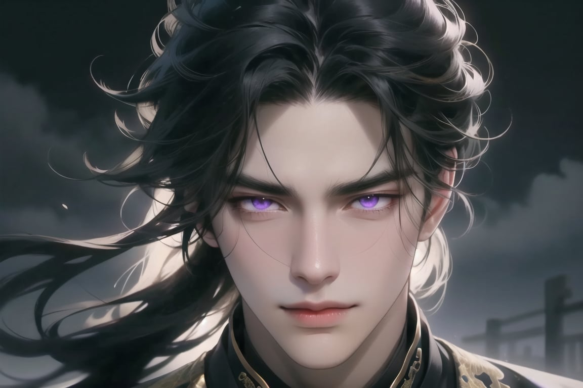 upper body, (cowboy shot), dynamic action style, (1man), (male:1.2), mature face, (mature boy:1.2), sinister smirk, (Chinese hanfu with black and gold accents), finely detailed eyes and face, (long black hair:1.2), (dark purple eyes), (focus on character:1.1), ((solo)), detailed face, detailed eyes, Chinese epic style, clear subject, ultra realistic, ultra detailed, OC rendering, blender, high detail, ultra high quality, dark and ominous atmosphere, dark clouds swirling, subtle mist