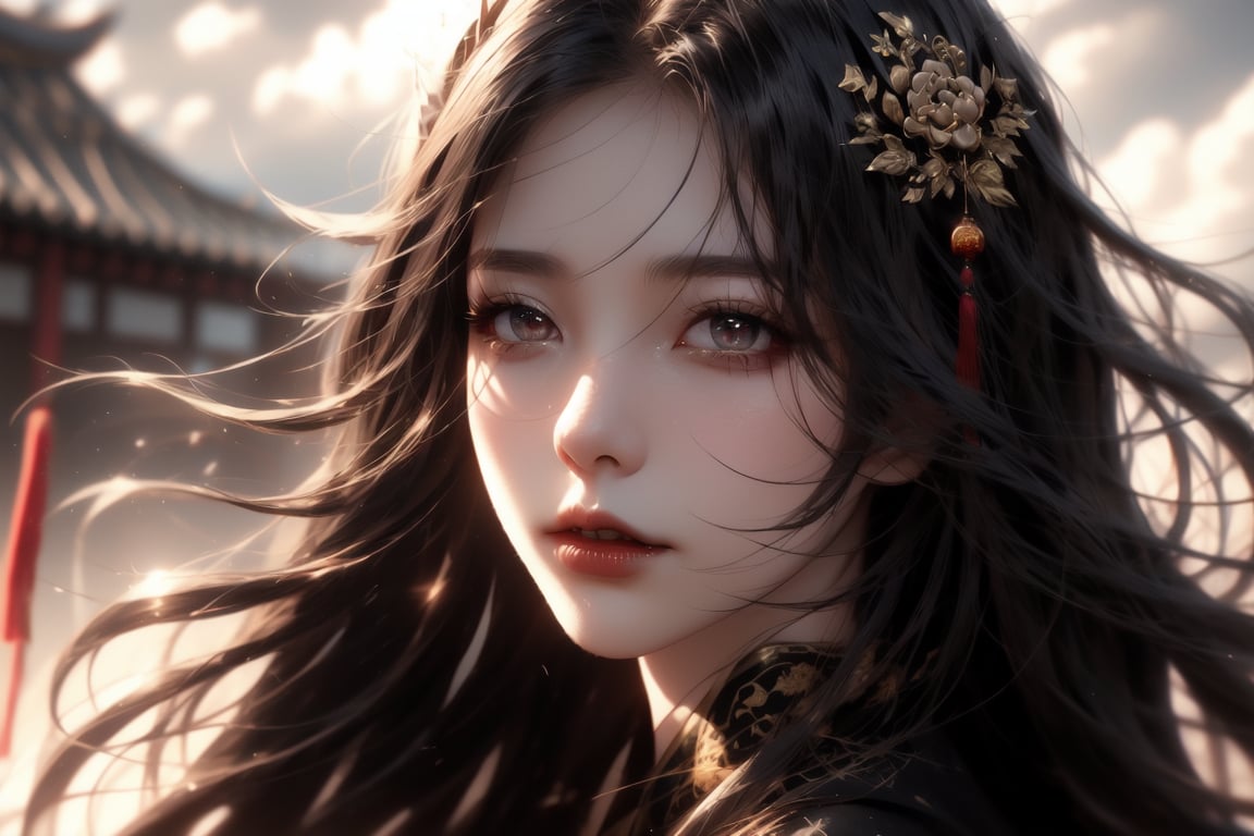 (cowboy shot), dynamic action style, (1woman), (female:1.2), mature face, (mature girl:1.2), sinister smirk, (Chinese hanfu with black and gold accents), finely detailed eyes and face, slim figure, (long black straight hair:1.2) flowing, (purple eyes:1.1), (focus on character:1.1), ((solo)), detailed face, detailed eyes, Chinese epic style, clear subject, ultra realistic, ultra detailed, OC rendering, blender, high detail, ultra high quality, dark and ominous atmosphere, dark clouds swirling, subtle mist
