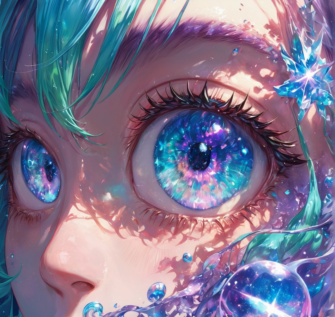 hyper-realistic dreamlike An extreme close-up of a young girl's face focusing on one eye with a single bloody tear in the corner of the eye, which is the focal point. The eye reflects a sense of wonder highlighted by a predominantly blue-green hue with a visual effect suggesting a nebula or galaxy, giving a dreamlike quality. Iridescent sparkle and small glitter-like particles adhere to the skin, creating a starry effect on the face. The surroundings are blurred, with tips of eyelashes and eyebrows softly illuminated by the same cosmic and ambient light. The colors are vibrant, purples and splashes of pink and white. There is a stark contrast between the detailed focus of the eye and the glittering effects around it, conveying a sense of magic or otherworldliness