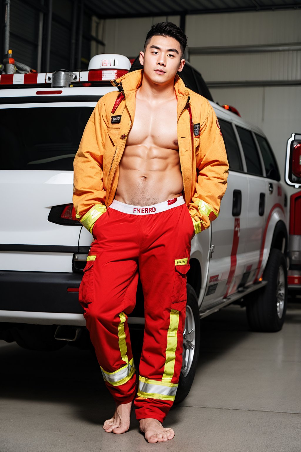 Full body shot, A handsome Korean man, 21-year-old, shaved head hair style, 181 cm tall, Thick eyebrows, double eyelids, inverted triangle figure, slim waist, fitness body. 
He wears a fire brigade fire-proof jacket and a white underwear, chest, abs, barefoot.

Background:  There is one red  fire trucks in the fire brigade garage. 