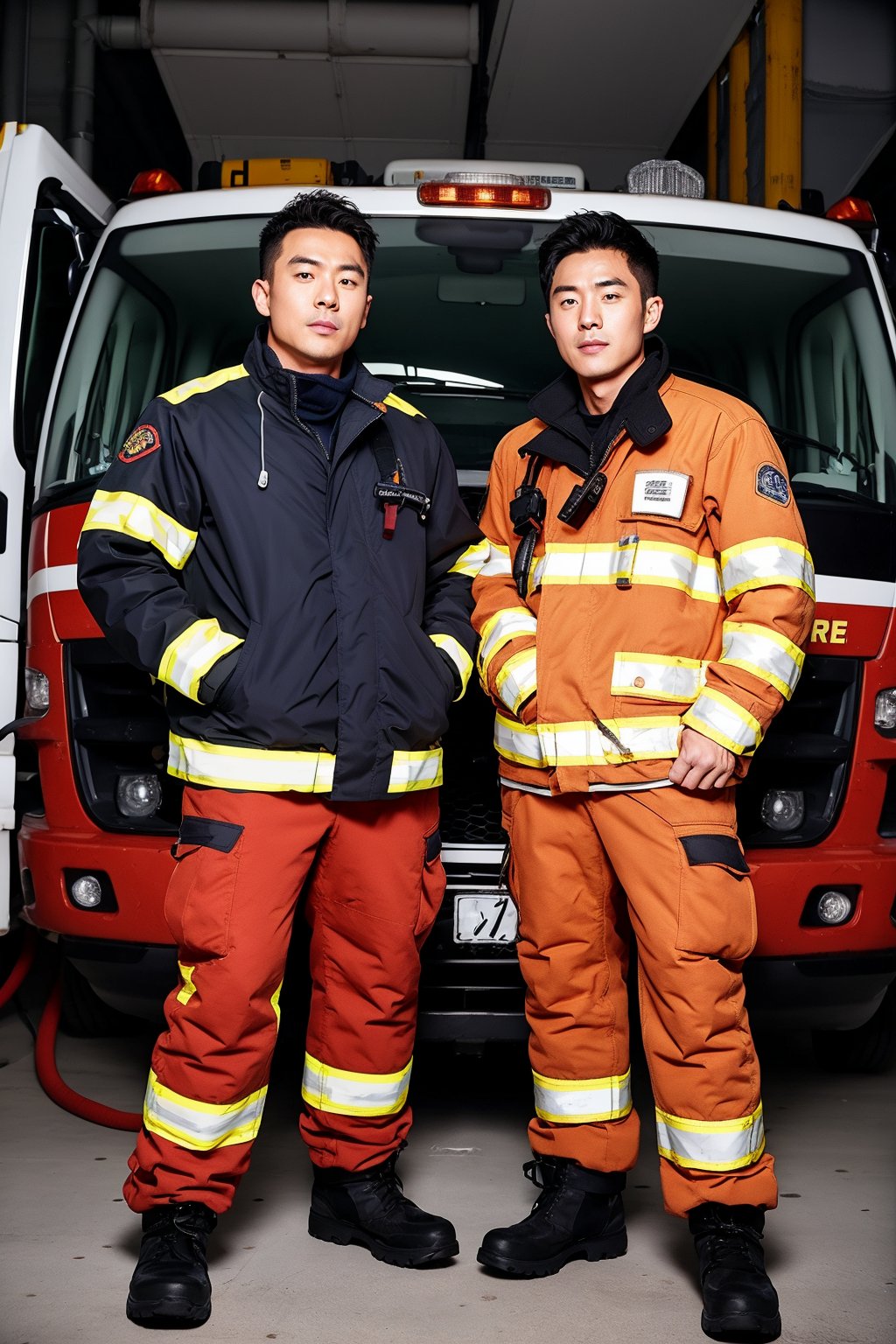 Full body shot, Two men, Two handsome korean men, standing in a row. They both wear fire brigade fire-proof jackets, fire-proof pants, fire-proof boots, Background: There is one red fire trucks in the fire brigade garage.