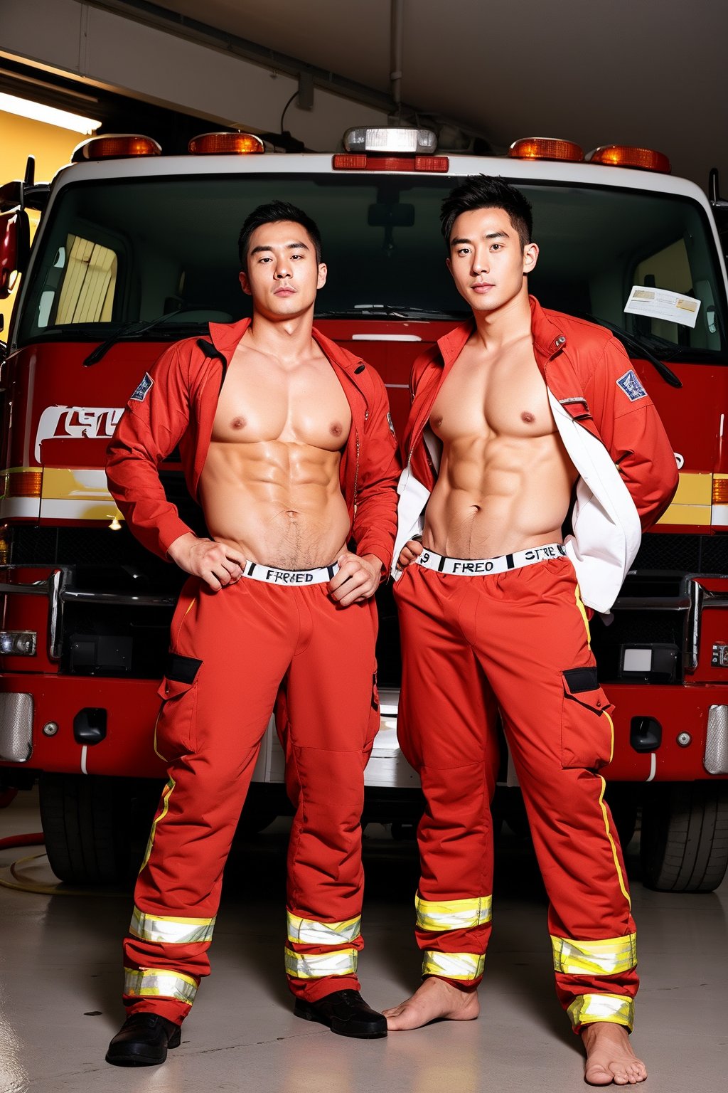 Full body shot, Two men, Two handsome korean men, standing in a row. They both wear white underwear, showing off their chest and abs, Background: There is one red fire trucks in the fire brigade garage.