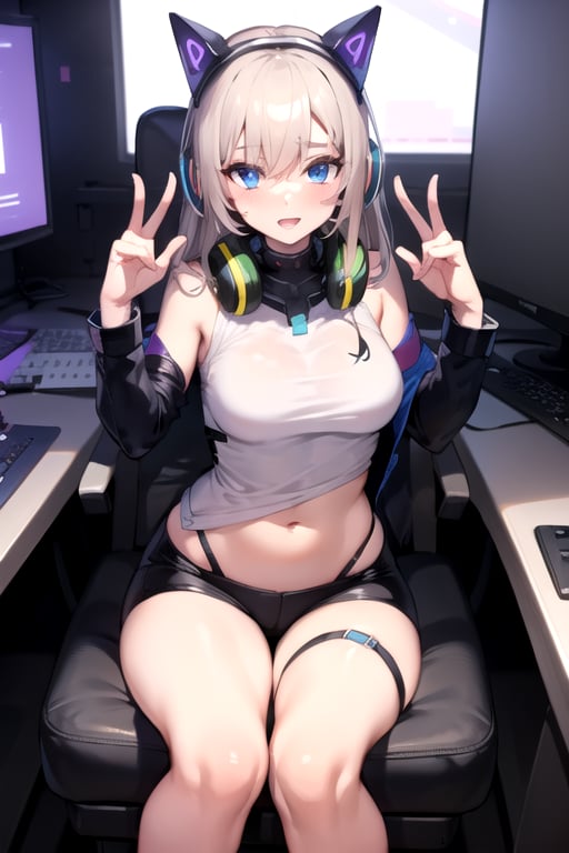 gamer girl with headphones, blue eyes
