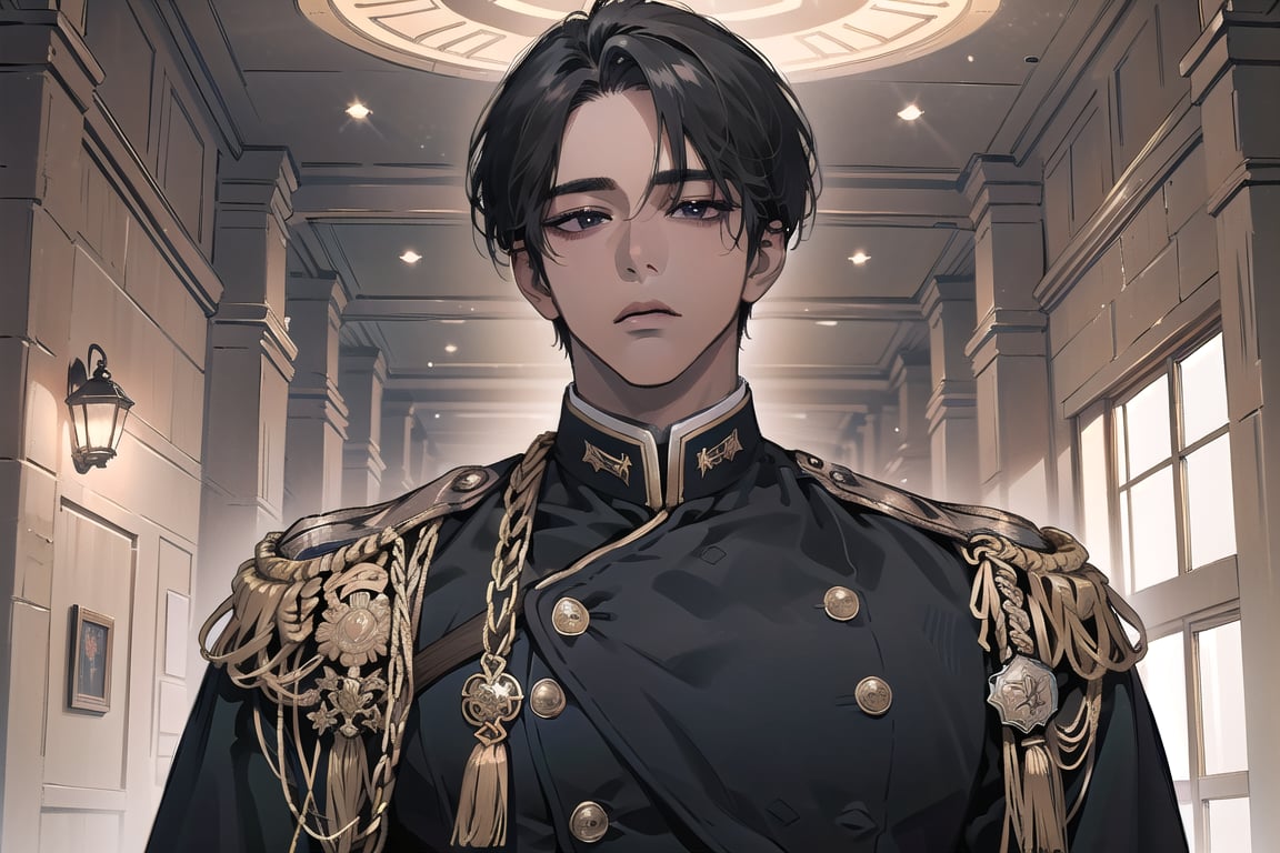  ((black very short hair)), (((dark skin:1.5))), ((center-parting bangs:1.4)), black eyes, ((mature)), serious, angular jaw, thick neck, wearing a (military uniform:1.3), long sleeve, by Raphael, masterpiece, upper body shot, magnificent indoor hall, Dichloe,1 man,1 boy