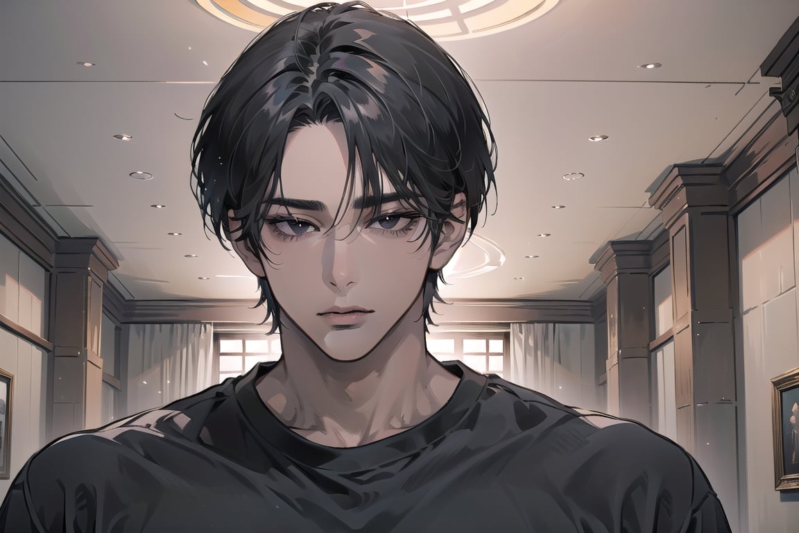  ((black very short hair)), (((dark skin:1.5))), ((center-parting bangs:1.4)), black eyes, ((mature)), serious, angular jaw, thick neck, wearing a (grey shirt:1.3), by Raphael, masterpiece, upper body shot, magnificent indoor hall, Dichloe,1 man,1 boy