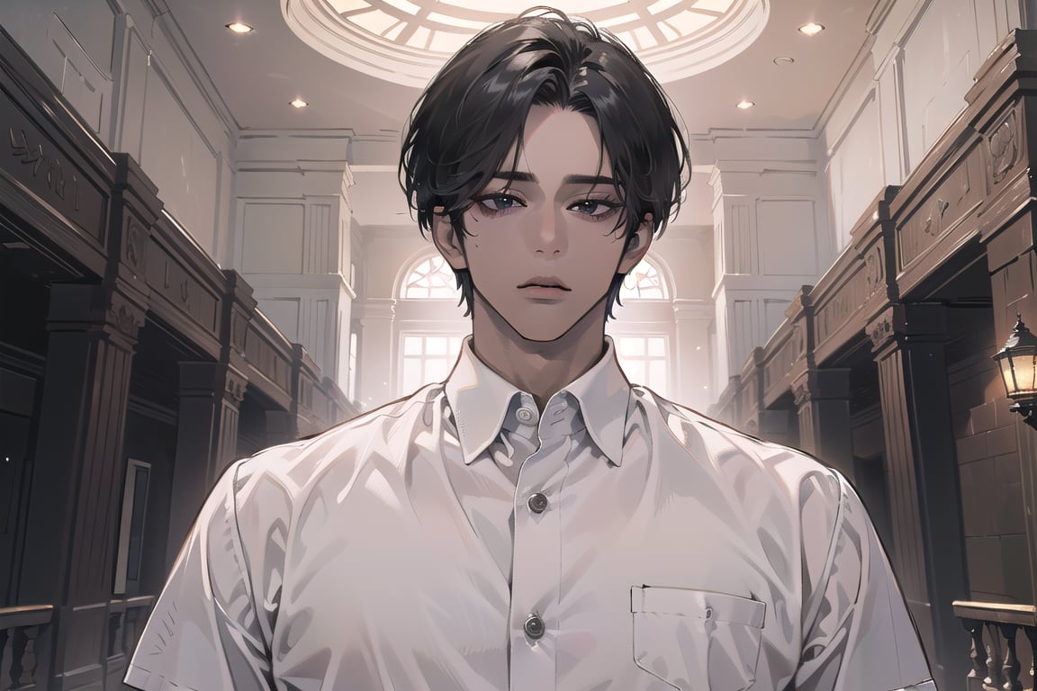  ((black very short hair)), (((dark skin:1.5))), ((center-parting bangs:1.4)), black eyes, ((mature)), serious, angular jaw, thick neck, wearing a (white shirt:1.3), by Raphael, masterpiece, upper body shot, magnificent indoor hall, Dichloe,1 man,1 boy