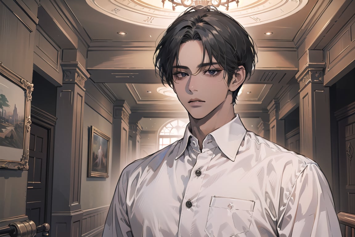  ((black very short hair)), (((dark skin:1.5))), ((center-parting bangs:1.4)), black eyes, ((mature)), serious, angular jaw, thick neck, wearing a (shirt:1.3), long sleeve, by Raphael, masterpiece, upper body shot, magnificent indoor hall, Dichloe,1 man,1 boy