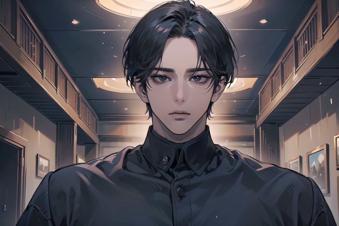  ((black very short hair)), (((dark skin:1.5))), ((center-parting bangs:1.4)), black eyes, ((mature)), serious, angular jaw, thick neck, wearing a (blue shirt:1.3), by Raphael, masterpiece, upper body shot, magnificent indoor hall, Dichloe,1 man,1 boy